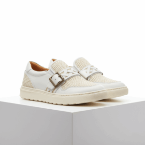 Lattice Woven Buckle Loafers – Ivory Beige